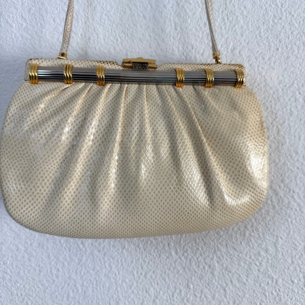 Judith Leiber Vintage Lizard Leather Clutch Gold Frame Evening Quiet Luxury Rare - Picture 9 of 9